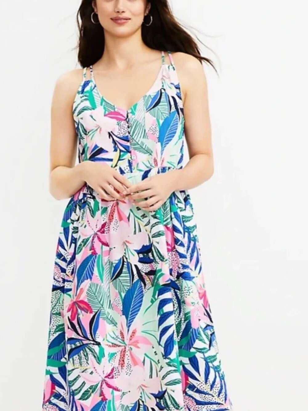 LOFT Tropical Floral Double Strap Midi Dress | Size 0